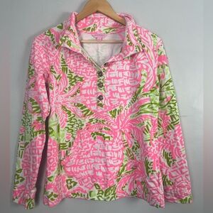 Lilly Pulitzer small Pink Green Buttoned Pullover Tunic Top Kangaroo Pocket